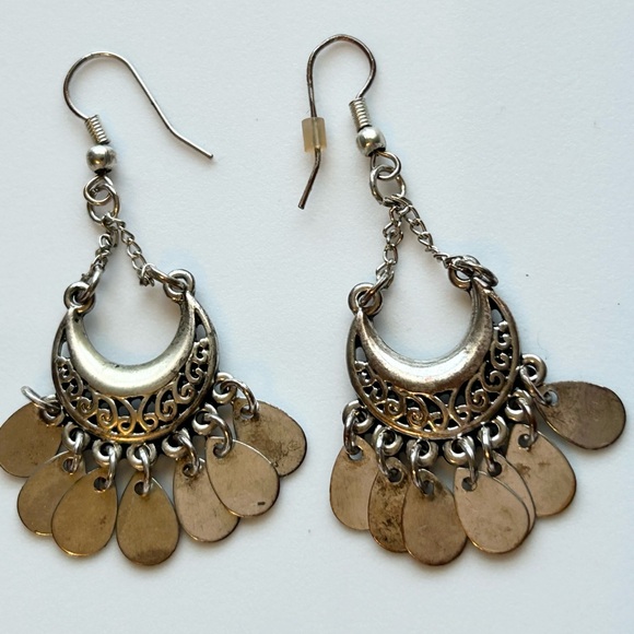 Vintage Boho Silver Dangle Earrings Crescent Moon Gypsy Witchy Aesthetic - Picture 5 of 8